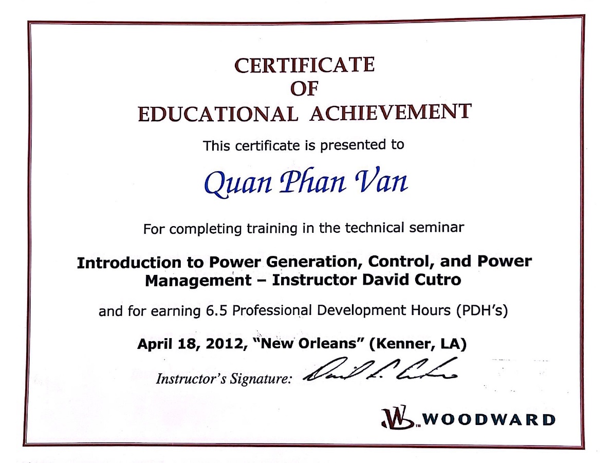 Woodwards Certificate for Power Generation, Control