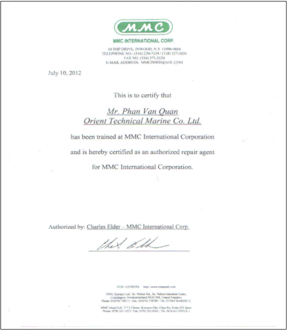 Authority and training certificates of MMC UTI Tape